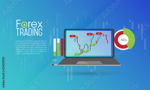 Forex Trade Signals monitoring via laptop. Buy and sell signals (indices) of forex strategy on the candlestick chart at laptop screen