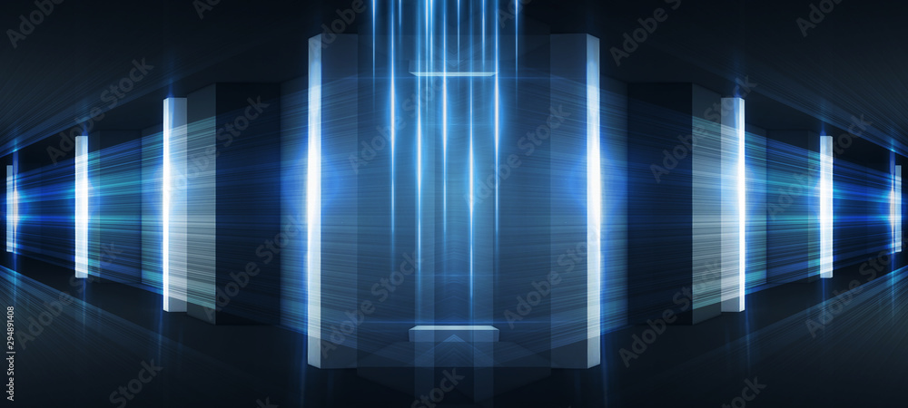 Obraz premium Abstract blue background with neon rays. Abstract light tunnel, corridor, portal. Rays of neon light in the dark, neon shapes, smoke. Symmetric reflection. 3D rendering.
