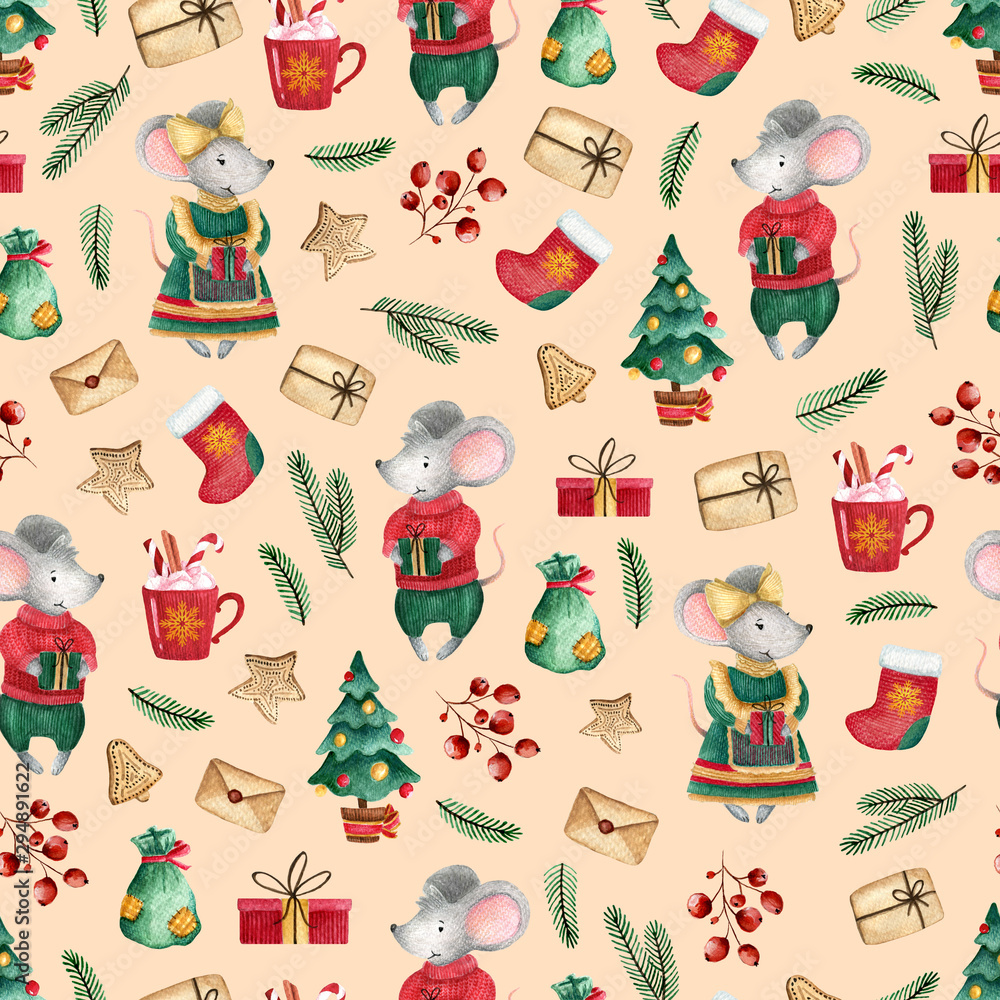 Seamless pattern with cute mice and Christmas elements Seamless pattern with cute mice and Christmas elements