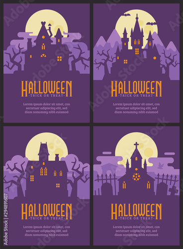 Four flyers with Halloween houses. Witch hut, Vampire castle, Haunted house and Graveyard chapel. Spooky Halloween posters