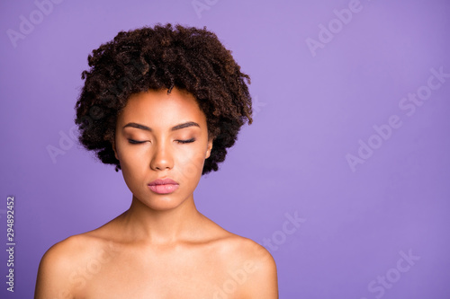 Close-up portrait of her she nice attractive charming lovely winsome shine naked nude wavy-haired girl beauty salon closed eyes isolated over violet purple lilac pastel color background