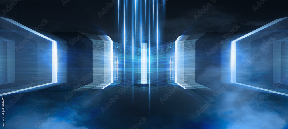 Abstract blue background with neon rays. Abstract light tunnel, corridor, portal. Rays of neon light in the dark, neon shapes, smoke. Symmetric reflection. 3D rendering. Abstract blue background with neon rays. Abstract light tunnel, corridor, portal. Rays of neon light in the dark, neon shapes, smoke. Symmetric reflection. 3D rendering.