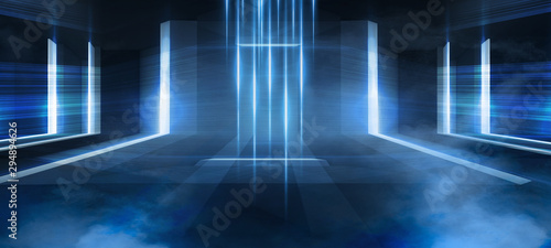 Abstract blue background with neon rays. Abstract light tunnel, corridor, portal. Rays of neon light in the dark, neon shapes, smoke. Symmetric reflection. 3D rendering.