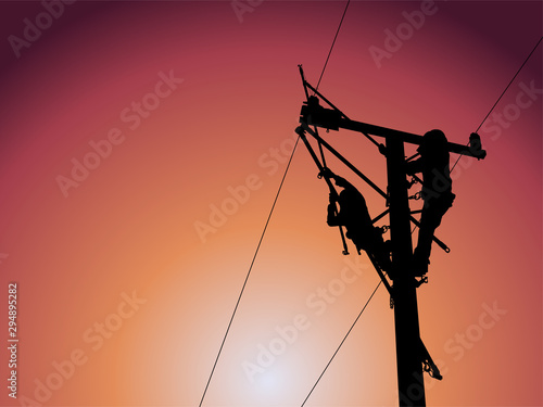 Silhouette of Maintenance staff maintain high-strength distribution system. The backdrop is a beautiful blue sky.