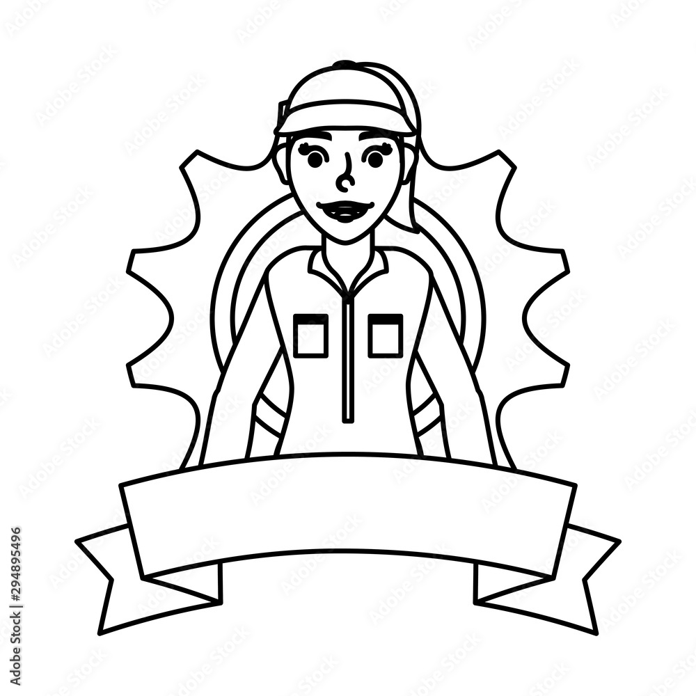 female young mechanic worker with gear and ribbon female young mechanic worker with gear and ribbon