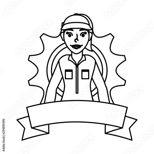 female young mechanic worker with gear and ribbon