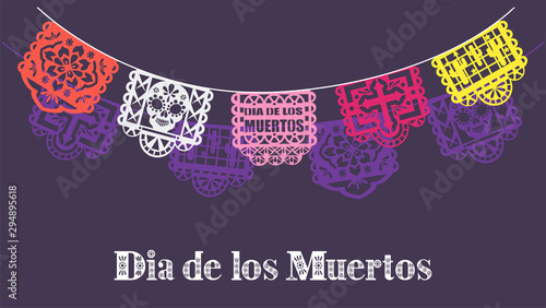 Day of dead vector. Papel picado for Dia de los muertos on purple background illustration. Mexican bunting banners traditional decoration.