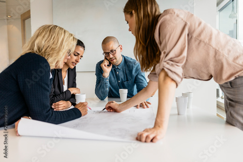 Businesspeople looking at plans during meeting photo