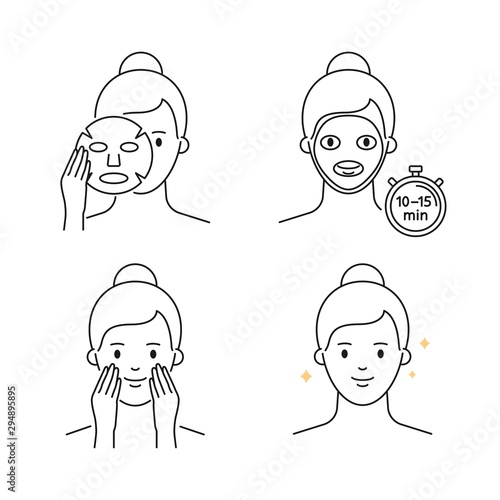 Facial sheet mask applying steps vector icons