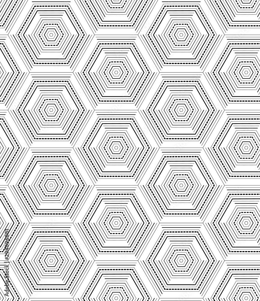 black and white seamless geometric hexagons and triangles pattern tile. modern geometrical surface design for textile, fabric, backgrounds, wallpaper, backdrop, cover and interior design. black and white seamless geometric hexagons and triangles pattern tile. modern geometrical surface design for textile, fabric, backgrounds, wallpaper, backdrop, cover and interior design.