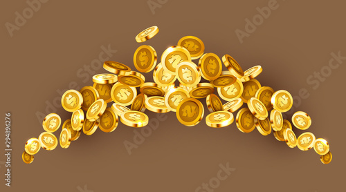 Falling coins, falling money, flying gold coins, golden rain. Jackpot or success concept. Modern background.