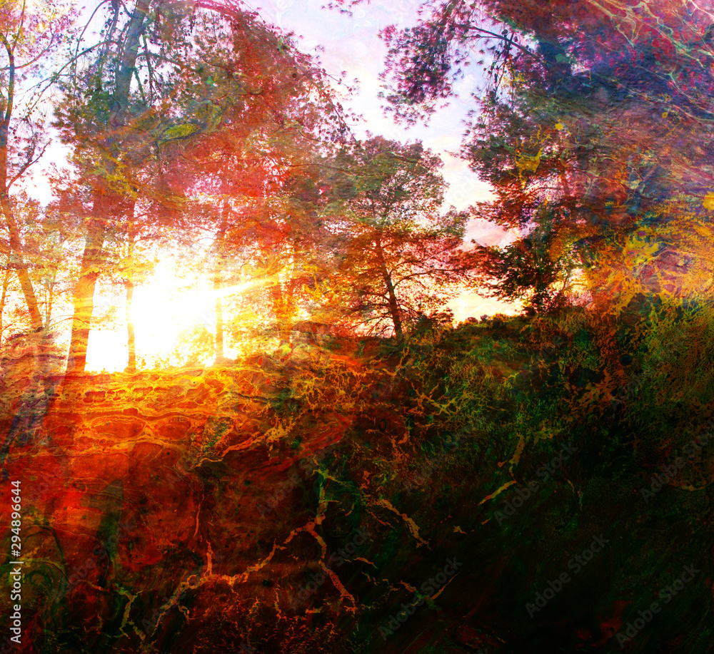 art concept of double exposure in nature. forest and fall colors art concept of double exposure in nature. forest and fall colors