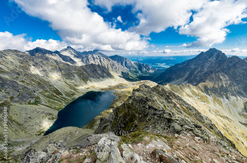 High Tatras ridges in Poland and Slovakia. Velke Hincovo pleso and Vysoke Tatry mountain range, view from Koprovsky Peak