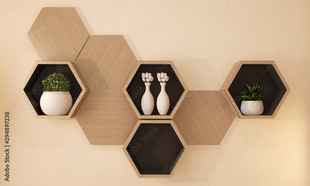 Hexagon wooden shelf japanese design on wall.3D rendering - obrazy, fototapety, plakaty 
