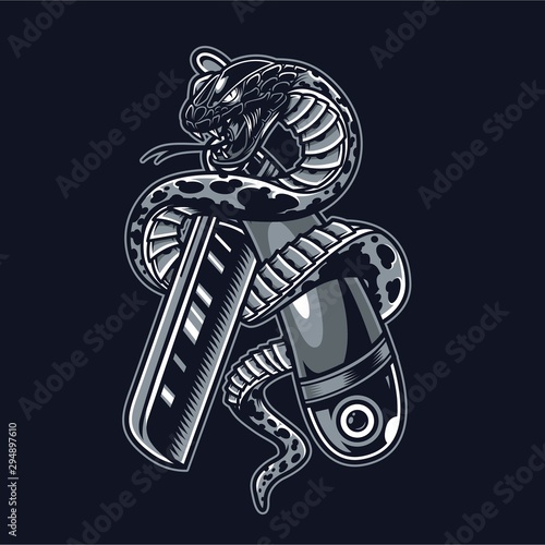 Snake is wrapped around straight razor