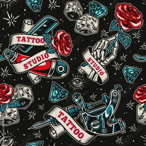 Vintage tattoo salon seamless pattern