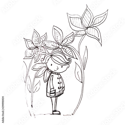bambino sotto corolle di fiori, isolato su sfondo bianco