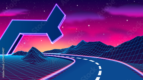 Space road landscape with futuristic neon ruins