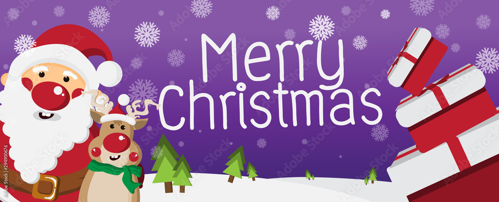 Cute Santa Claus and Reindeer with gift on Purple background with snowflakes,Merry Christmas and Happy New Year Concept,design for Greeting Card and poster,Vector illustration.