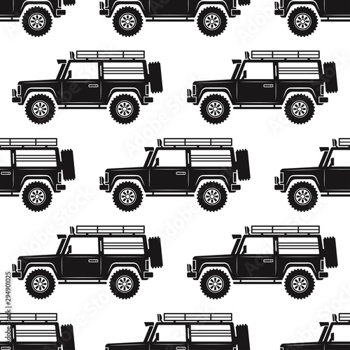 Seamless pattern. Black expeditionary SUV. Side view. Vector drawing. Background. Texture.