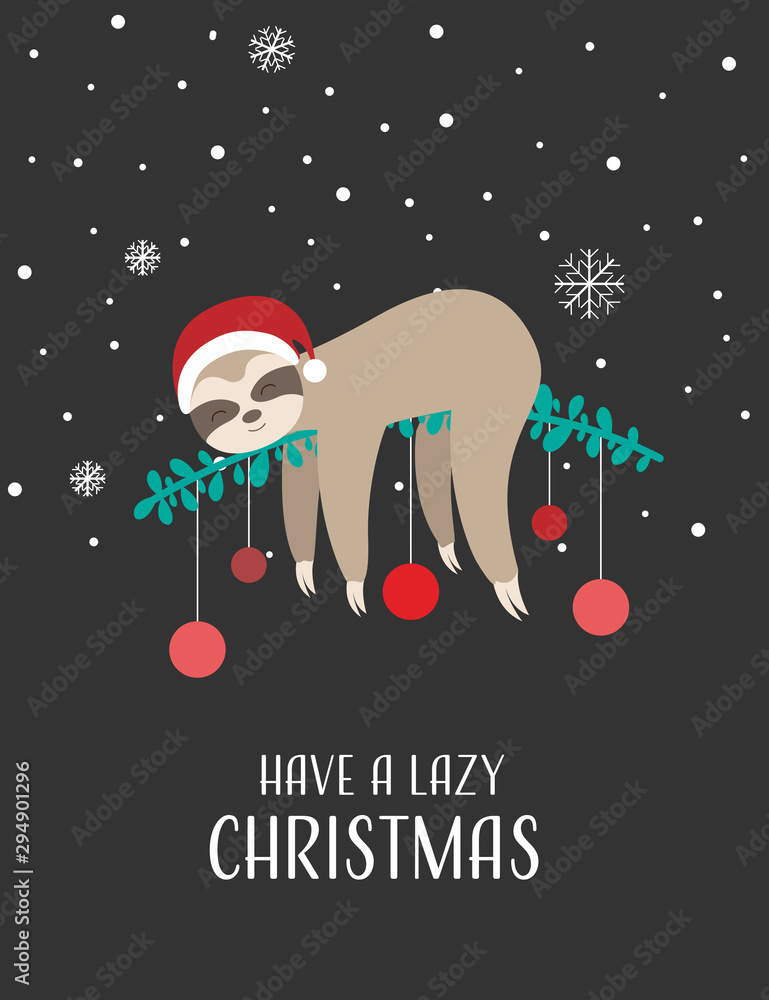 Christmas card with cute sloth - Have a lazy Christmas, dark design - obrazy, fototapety, plakaty 
