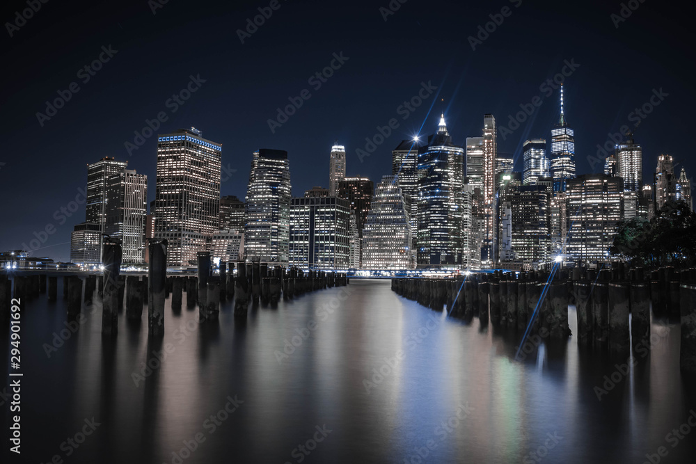 A long exposure cityscape shot of downtown Manhattan, NYC