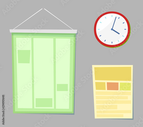 Paper list and clock hanging on grey wall, element of school. Classroom objects, knowledge accessories, watch and colorful card, teaching sign. Vector illustration in flat cartoon style