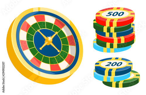 Playing on money betting and winning, chips with values and roulette with dollars inscriptions . Risk and luck texas holdem gambling games set. Vector illustration in flat cartoon style