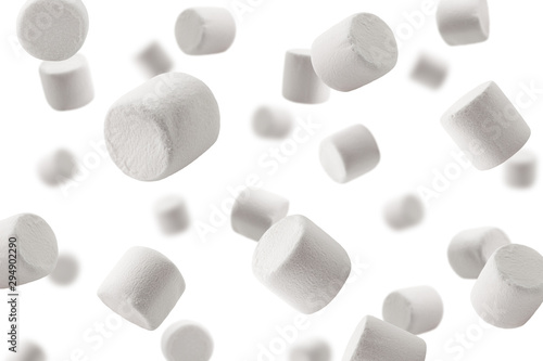 Falling marshmallow isolated on white background, selective focus photo