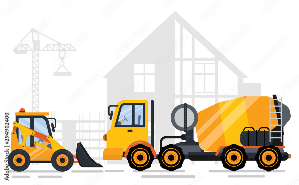 Tractor and concrete mixing machine side view, shadow of concreting project and crane. Construction equipments, engineering outdoor, automobile. Vector illustration in flat cartoon style Tractor and concrete mixing machine side view, shadow of concreting project and crane. Construction equipments, engineering outdoor, automobile. Vector illustration in flat cartoon style
