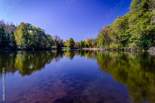 Fototapeta Naklejka Na Ścianę i Meble -  Fall trees reflected in a quiet pond under a clear blue sky.