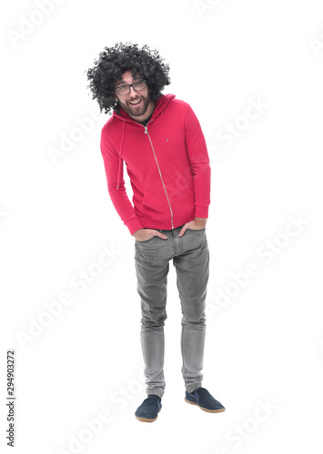 in full growth. modern fashion man in red jacket