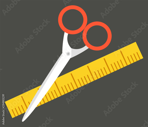 School and office stationery. Scissors with red rings to cut paper. Yellow ruler with scale to measure centimeters and millimeters or inches vector illustaration. Back to school concept. Flat cartoon