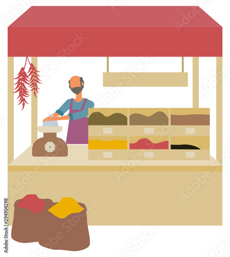 Man selling spices at marketplace, isolated store of character with powder turmeric and paprika. Oriental style of cooking cuisine with flavor. Festival market. Vector illustration in flat style