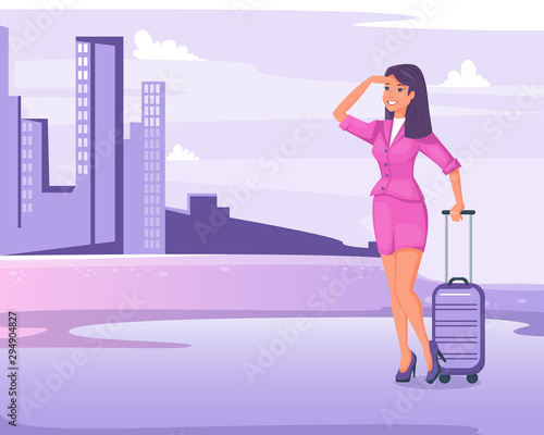 Young pretty woman in pink clothes with bag arriving in big city. Girl standing on the street of metropolis and looking into the distance. Cityscape cartoon vector illustration.