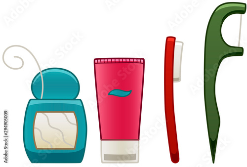 Set of dental floss, toothpaste and toothbrush