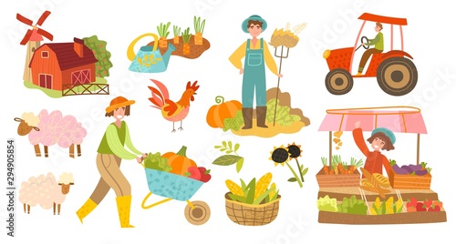 Set of local organic production icons. Farmers doing various agricultural works. Vector illustration