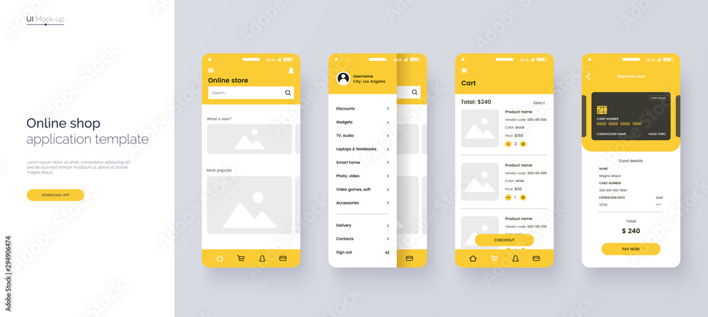 Online store mobile app template. UI, UX, GUI design elements. Shopping application wireframe. User Interface kit isolated on grey background. Online shop website concept. Vector eps 10.