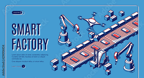 Smart factory isometric web banner. Smart robots hands work on assemble line, drones take production from conveyor belt for delivery. Automation process 3d vector illustration, line art landing page