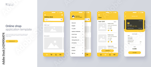 Online store mobile app template. UI, UX, GUI design elements. Shopping application wireframe. User Interface kit isolated on grey background. Online shop website concept. Vector eps 10.