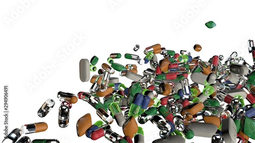 Colorful capsule pills (3d rendered) with transparent gel body