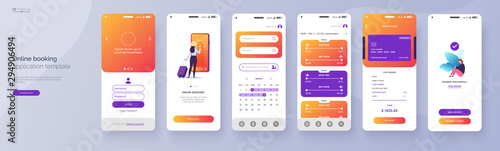 Online booking service mobile application template. UI, UX, GUI design elements. Travel application wireframe. User Interface kit isolated on grey background. Vector eps 10.