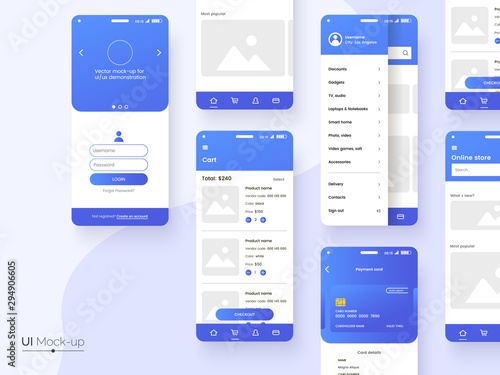 User interface design template in blue colors. Conceptual mobile phone screen mock-up for application interface presentation. UI, UX, GUI kit isolated on grey background. Vector eps 10.