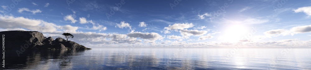 Panorama of ocean sunset near the rocky coast. 3d rendering. Panorama of ocean sunset near the rocky coast. 3d rendering.