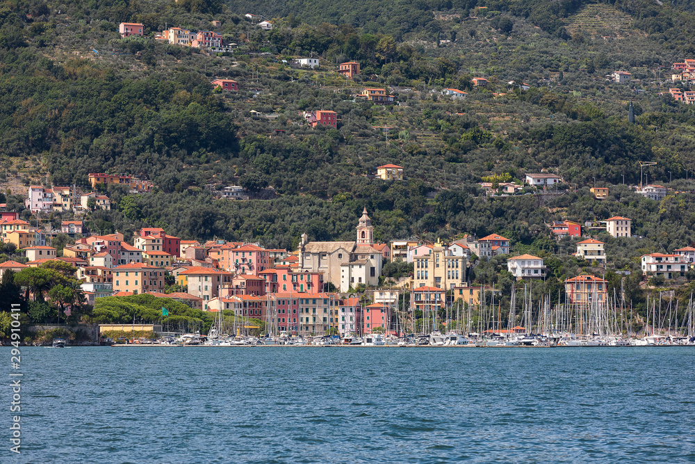 View on small city  Fezzano from ship. Fezzano is located in province La Spezia, Liguria, close to world famous Portovenere and Cinque Terre. Italy
