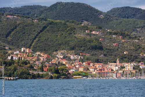 view on Fezzano city and mountains. Fezzano is located in La Spezia, Liguria, close to world famous Cinque Terre. Italy, Europe
