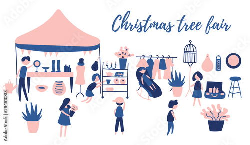 People go to the fair. Flea market. The market of things. Selling old things. Bazaar. Vector editable illustration