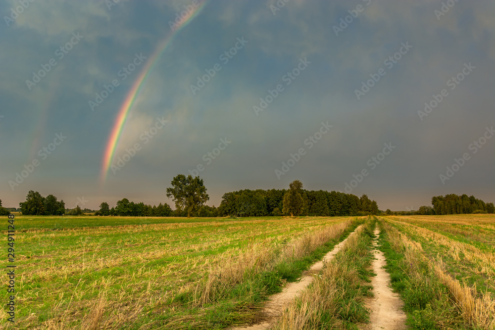 Rainbow in the cloudy sky, dirt road through the fields