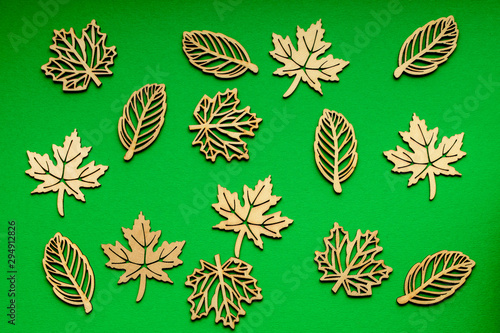 Different types of delicate light brown wooden leaves on textured vivid green cardboard  top view  flat lay with laser cut wooden objectives  with selective focus