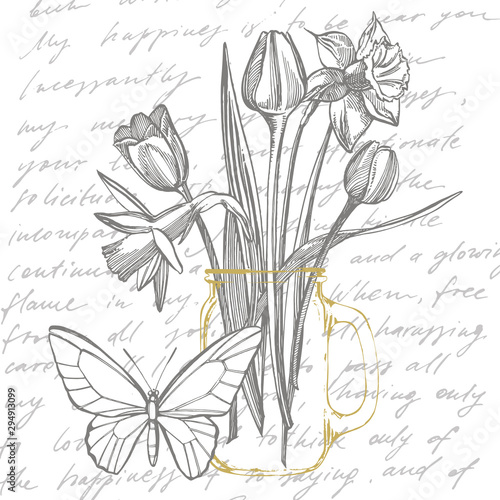 Tulips and Narcissus flowers bouquet isolated on white background. Set of drawing cornflowers  floral elements  hand drawn botanical illustration. Handwritten abstract text